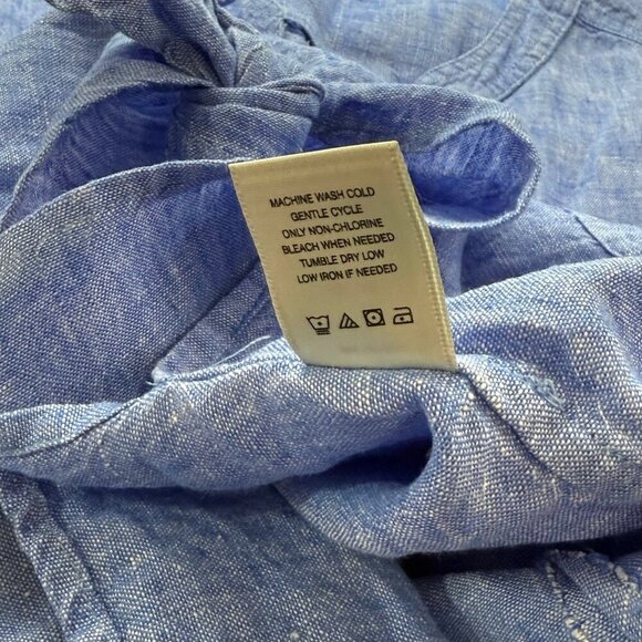 John Mark Linen V-Neck Blouse Long Roll Tab Sleeves Tie Waist Blue Resort Size S - Picture 10 of 11